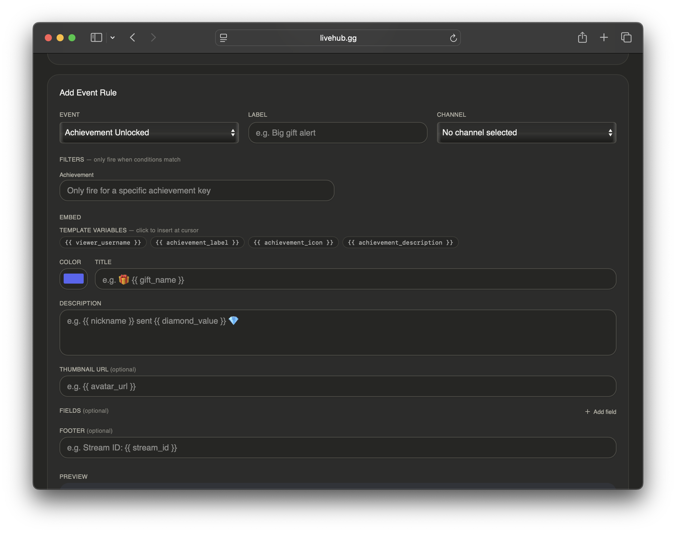 LiveHub's Discord integration settings, showing how to connect milestones and achievements to announcements