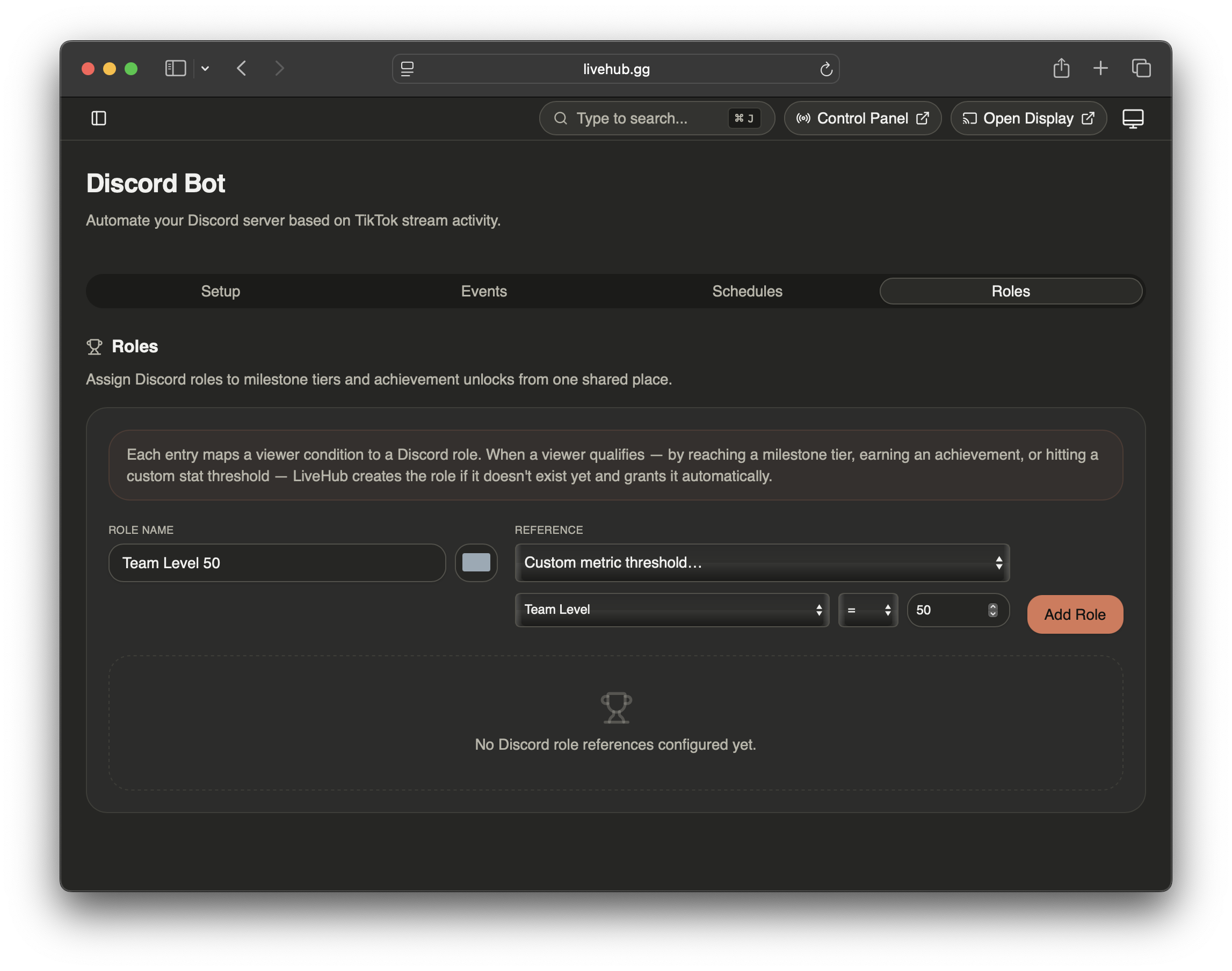 LiveHub's Discord integration settings, showing how to create roles based on user activity