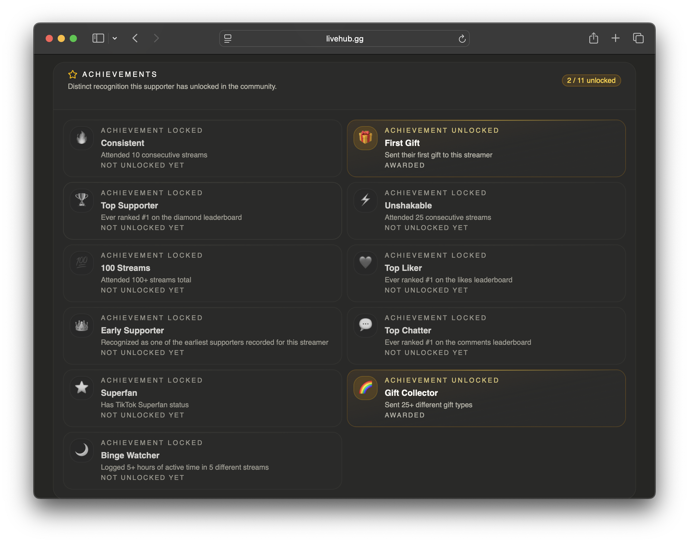 Viewer profile in LiveHub showing unlocked achievements